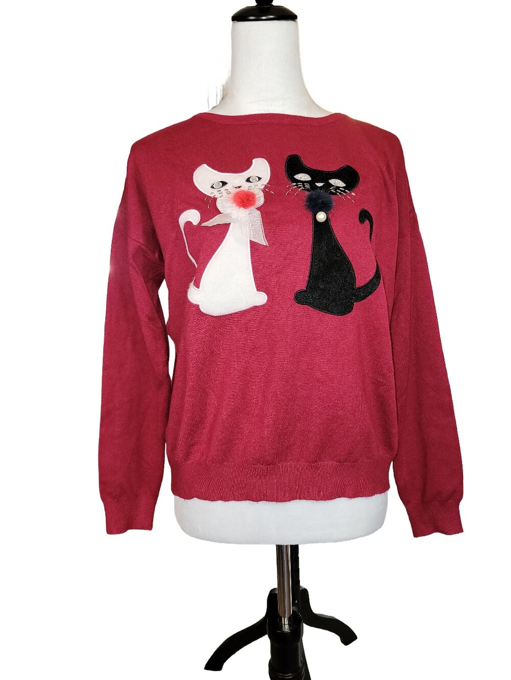 Gran Oriente Red Knit Sweater/ Cat Applique / Full Back Zipper Size Small